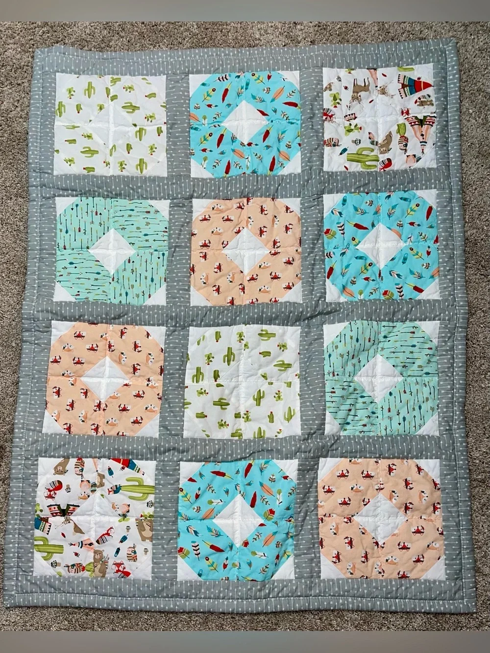 Handmade Baby quilt wilderness theme fox cactus gray blue